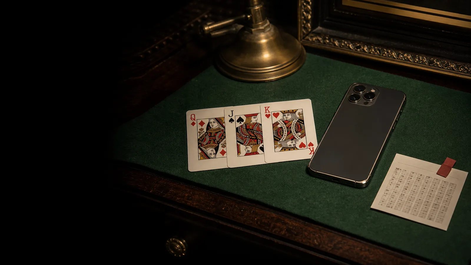 Android APK source-check desk with a phone, three physical cards and paper evidence grid